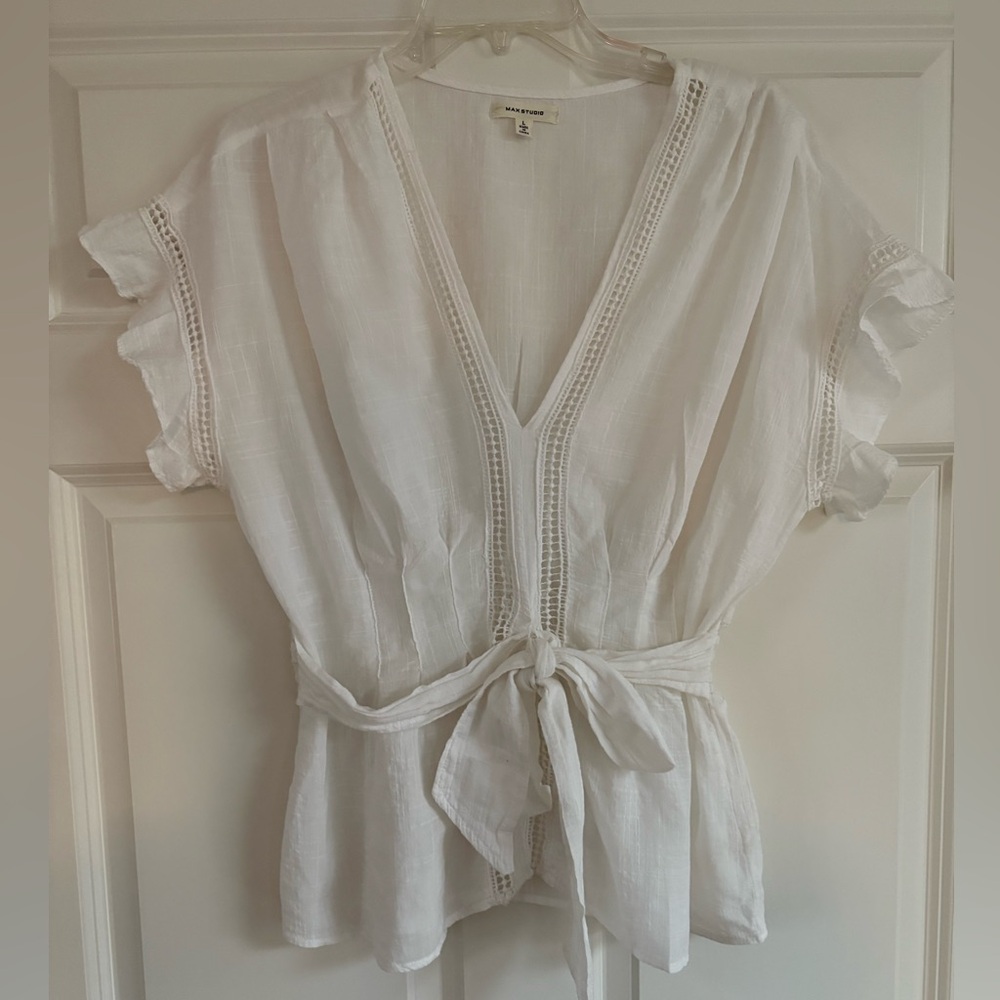 Max Studio White Ruffle Tie-Front Blouse
